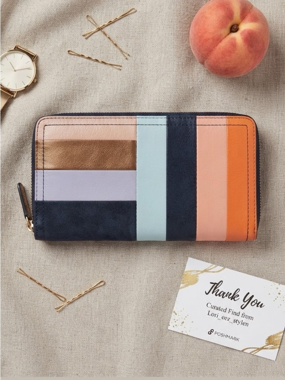 Fossil Multicolor Striped Zip-Around Wallet — Navy, Orange, Peach, Mint